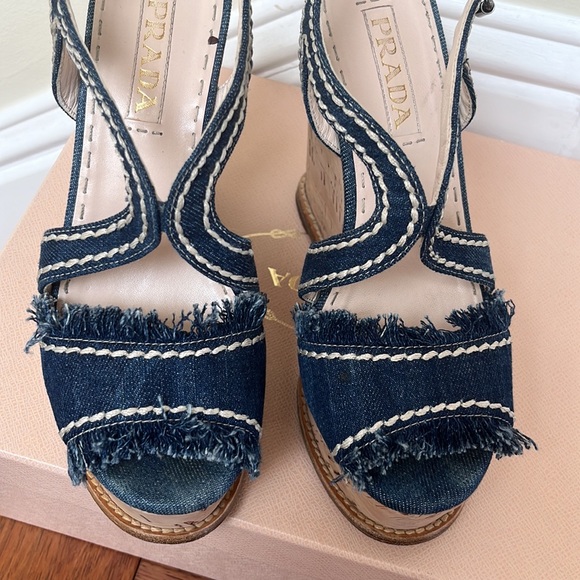 Prada | Denim Fringe Cork Wedges Size 37 Blue White Stitched - Picture 7 of 12